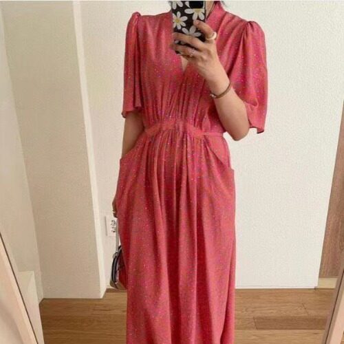 2025新款韩式连衣裙品牌 NUOVPAUL v领口袋绑带短袖碎花连衣裙女