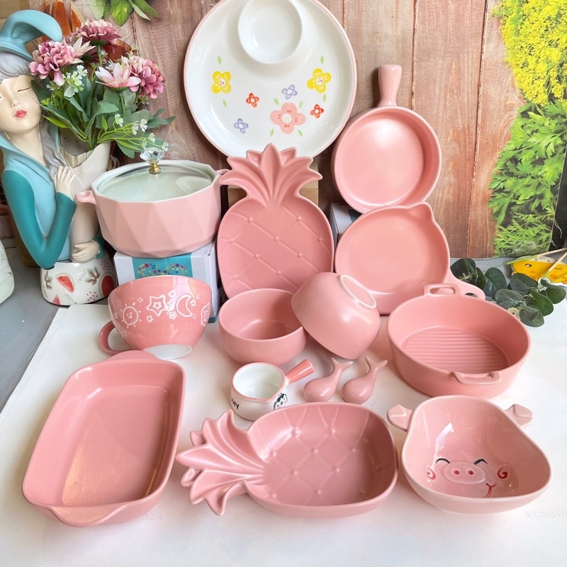 Bát đĩa gốm sứ decor bộ màu hồng siêu đẹp