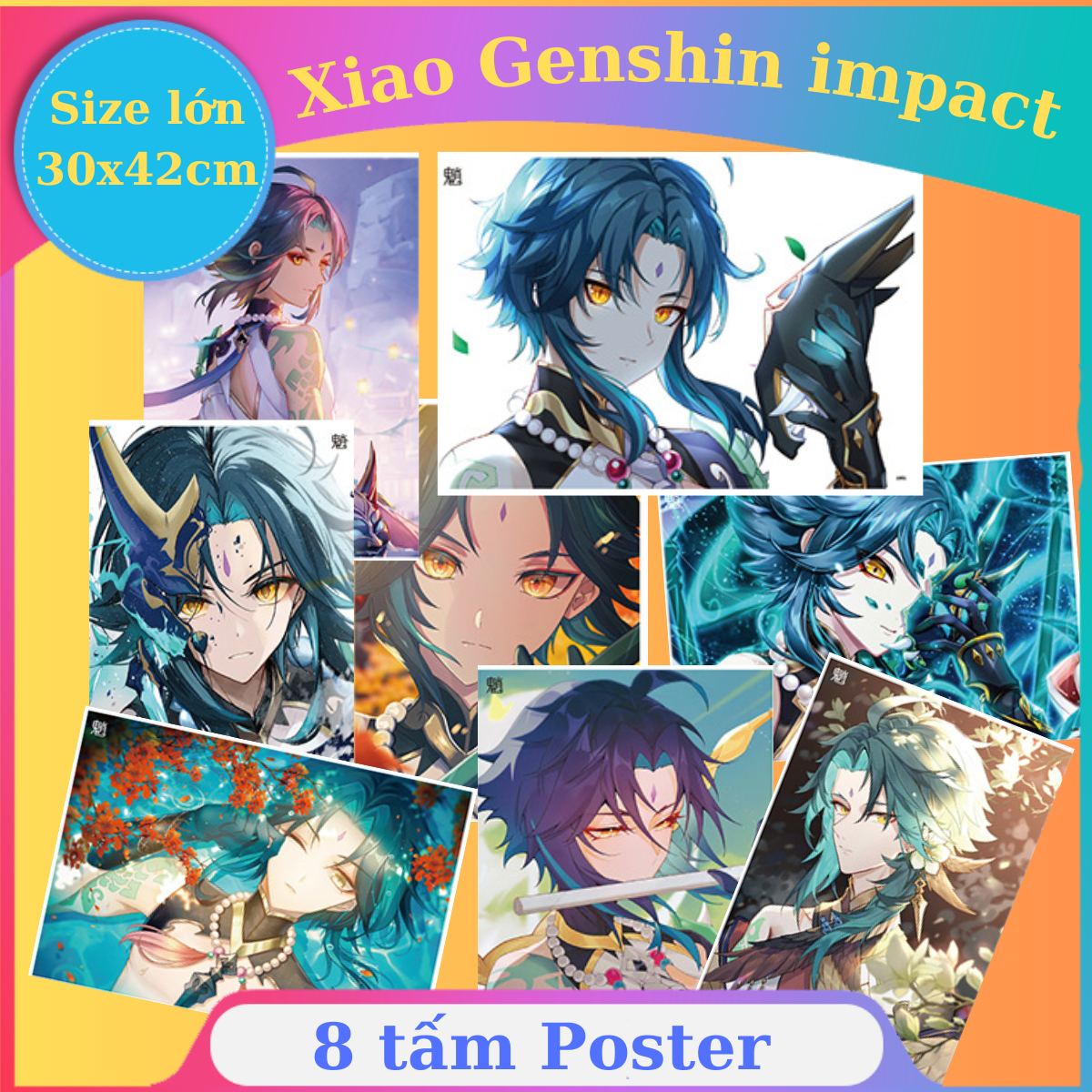 Xiao Genshin impact khổ lớn A3 combo 8 tấm tranh poster anime game cực chất