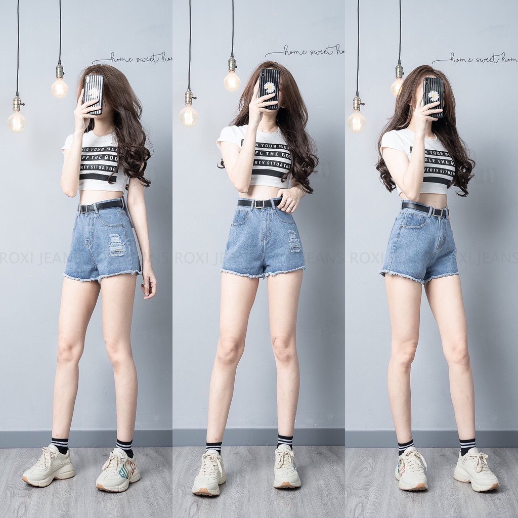 QUẦN SHORT JEAN NỮ THỜI TRANG Quần short jean nữ lưng cao phối rách denim cotton, rin ngắn phối rách