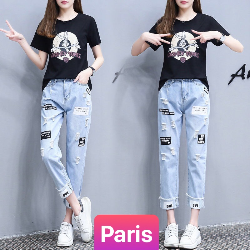 QUẦN BAGGY JEAN NỮ CHẤT BÒ XANH IN CHỮ RÁCH HOT TREND LƯNG CAO NÂNG MÔNG HÀN QUỐC PR-26 CAO CẤP - PARIS FASHION