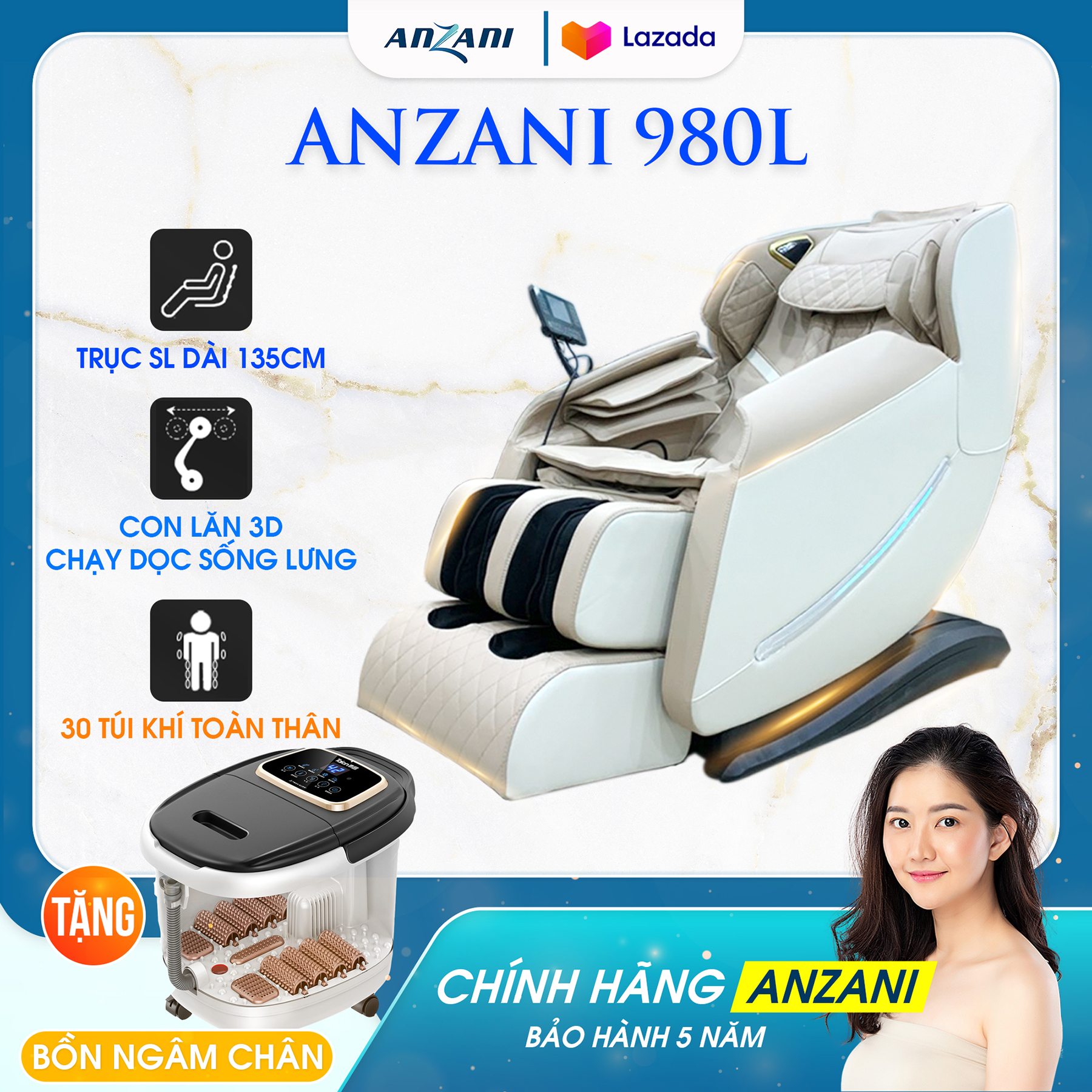 Ghế massage Anzani 3D 980L, mát xa toàn thân công nghệ Nhật điều khiển giọng nói tặng kèm bồn ngâm chân