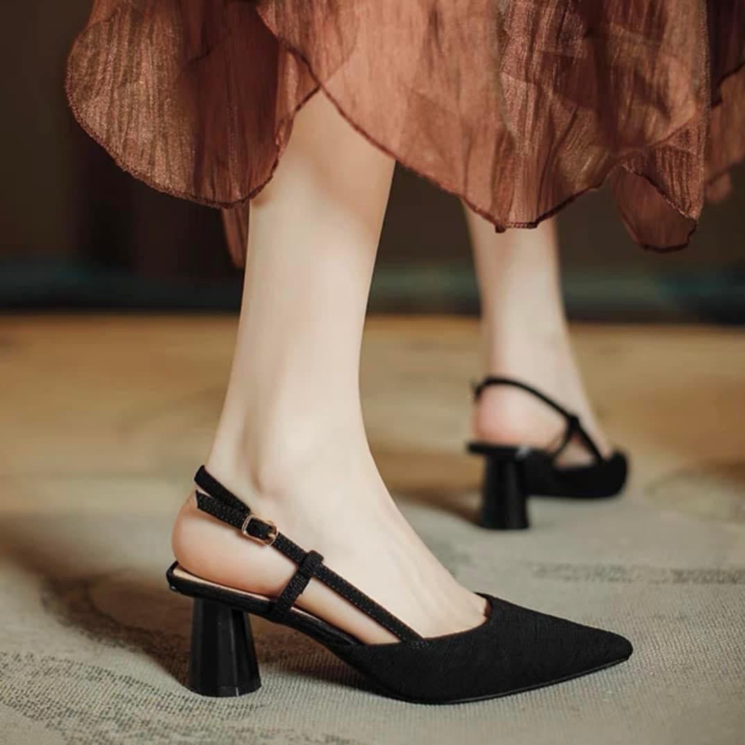 Giày sandal gót trụ 5cm mũi nhọn lụa trơn siêu đẹp, kiểu dáng công sở- G961