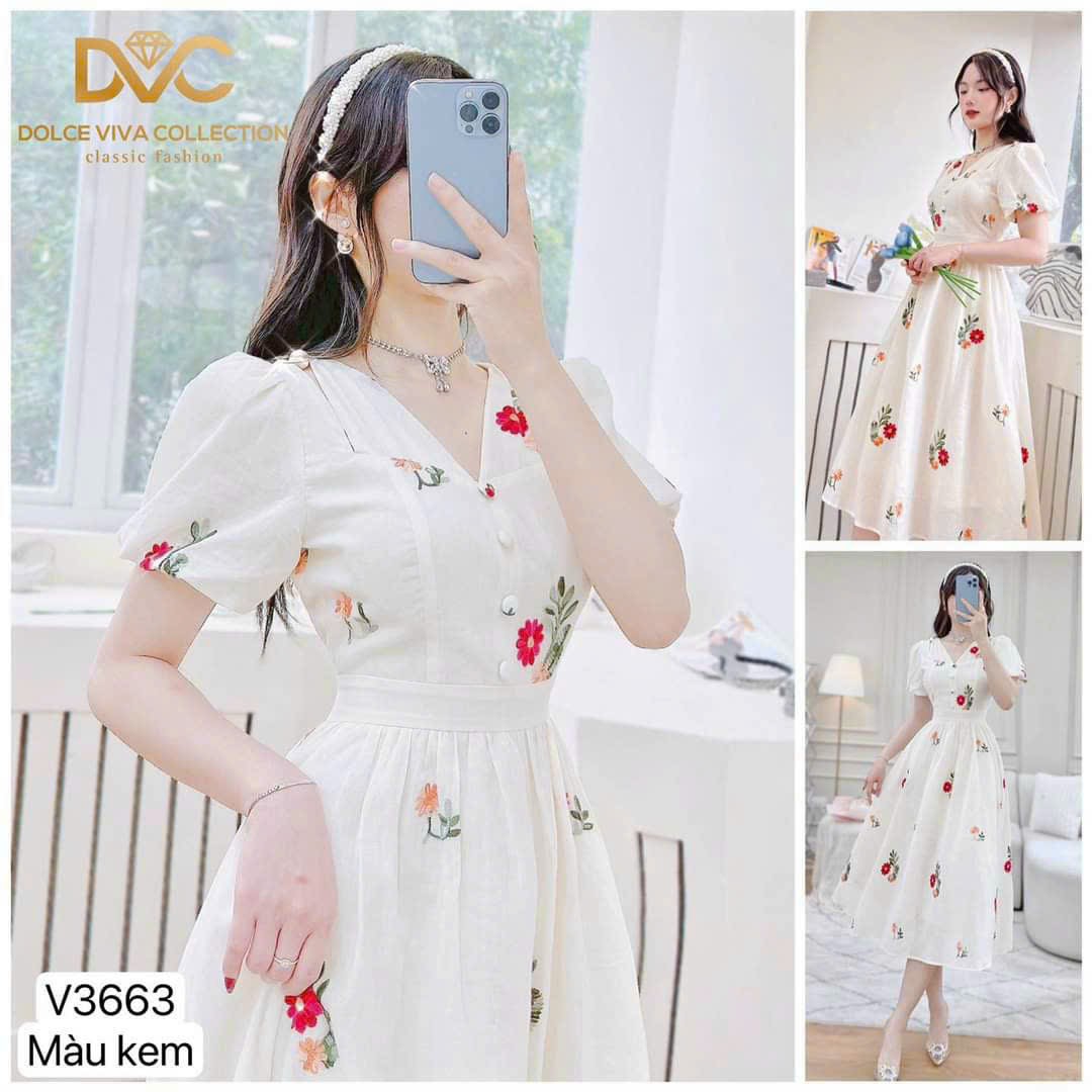Đầm xòe xốp hoa tay phồng nút bọc cổ tim