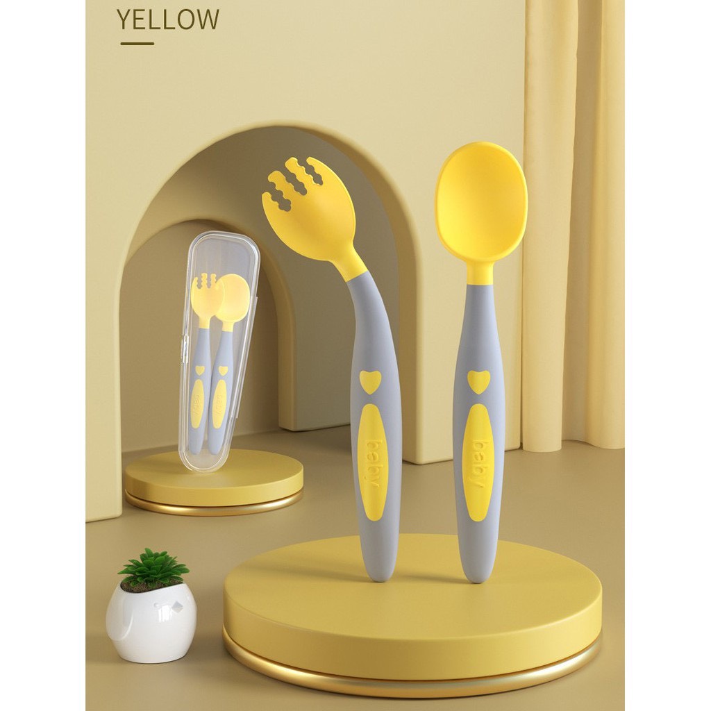 Spoons forks for baby set exposed silicon bend any posture-spoon Fork beauty cute high-end carrying case for baby food miles tiny stores