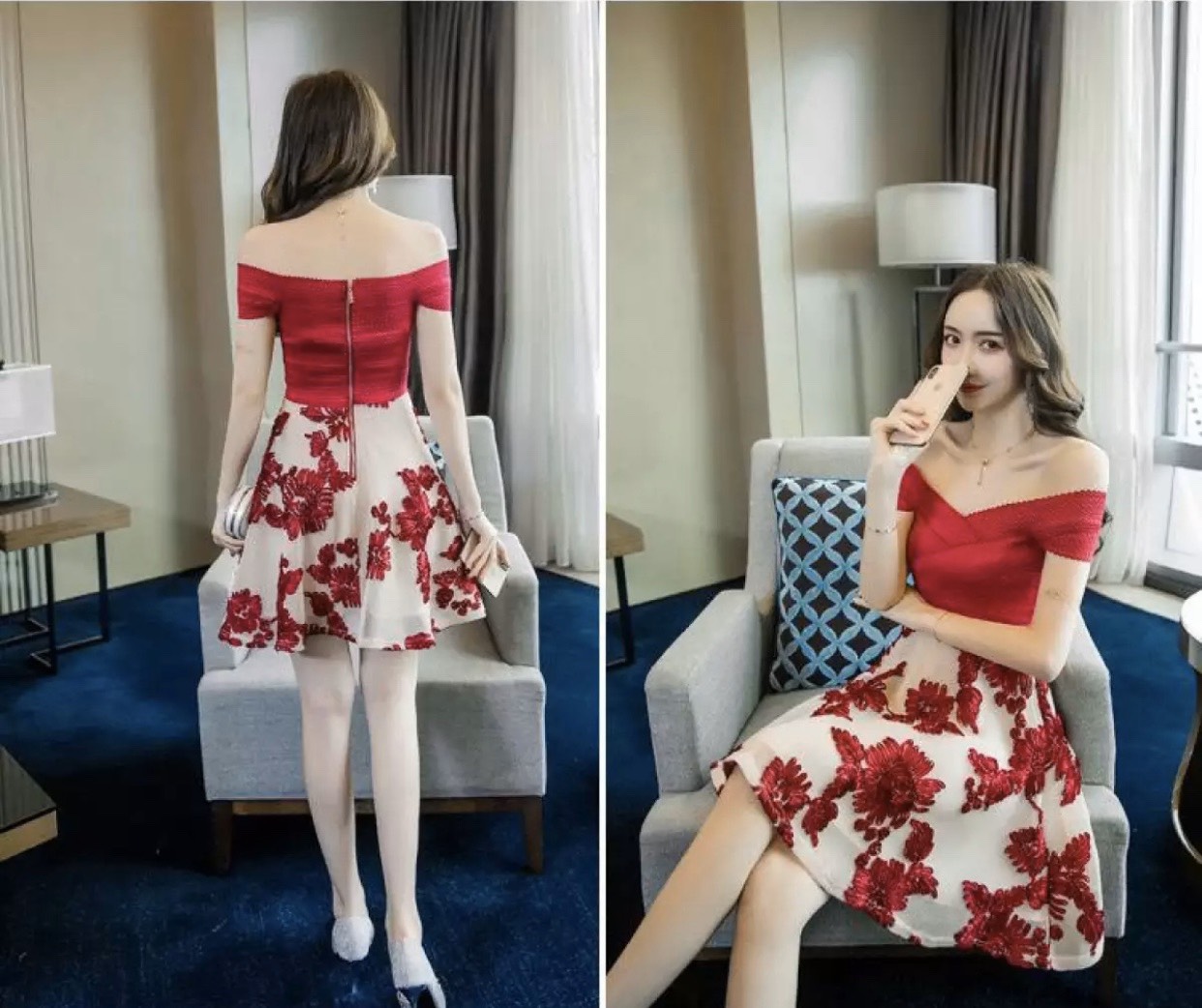 [HCM]ĐẦM XÒE TRỄ VAI THIẾT KẾ HỞ LƯNG - V49