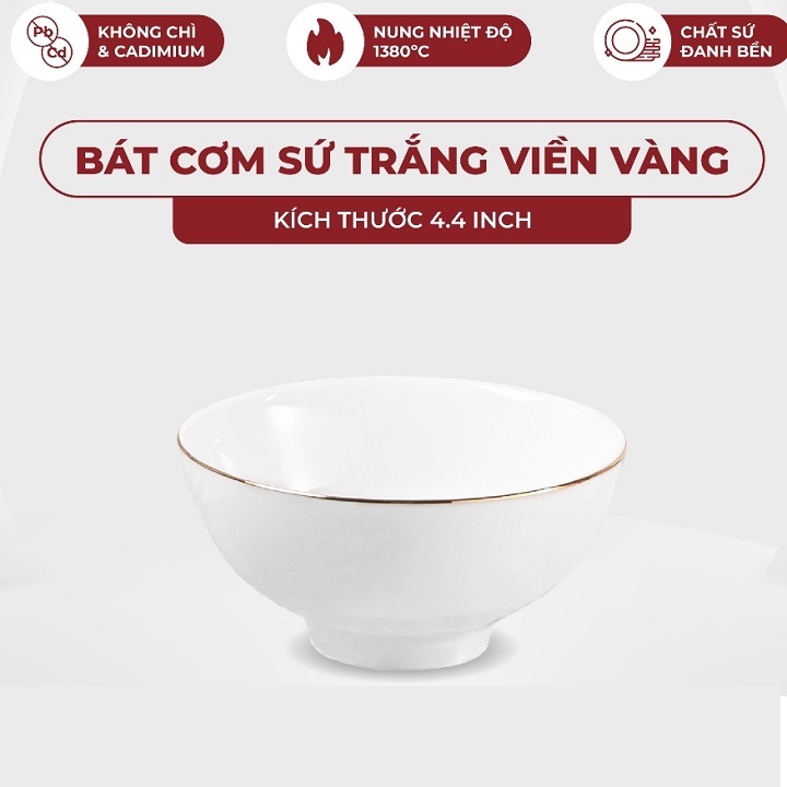 Set 6 Chén Cơm Viền Vàng Đường kính 11,2 cm Sứ Long Phương Cao Cấp