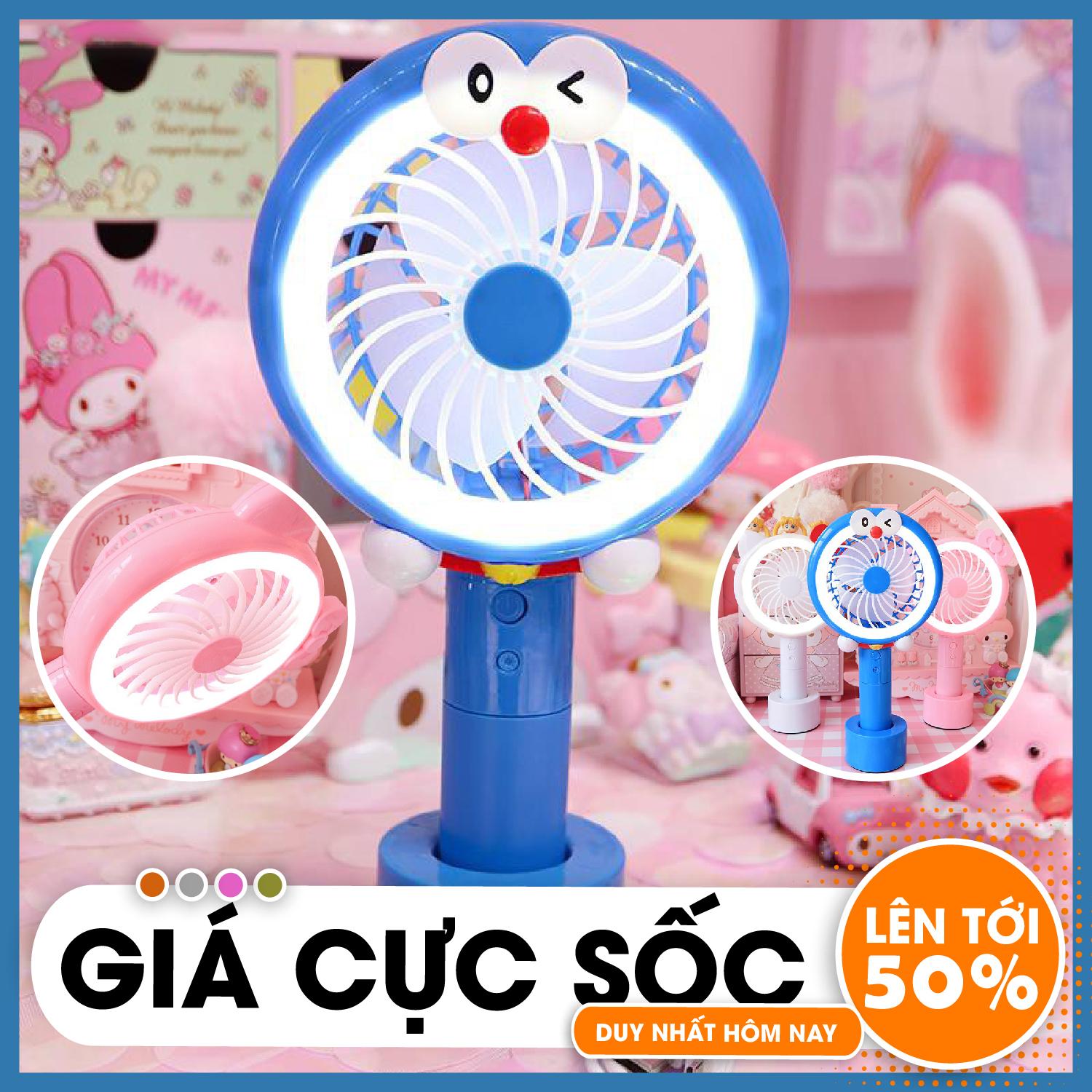 Quạt sạc pin mini cầm tay có đèn Doremon/Kitty , quat, quat mini