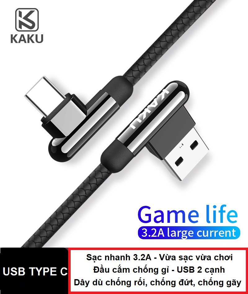 [HCM]Cáp sạc chơi game Type C KAKU - Sạc nhanh 3.2A - Dây dù chống đứt gãy - USB 2 cạnh - Cáp sạc nhanh type C chơi game Cáp sạc nhanh chơi game cho smart phone android Cáp sạc vuông góc