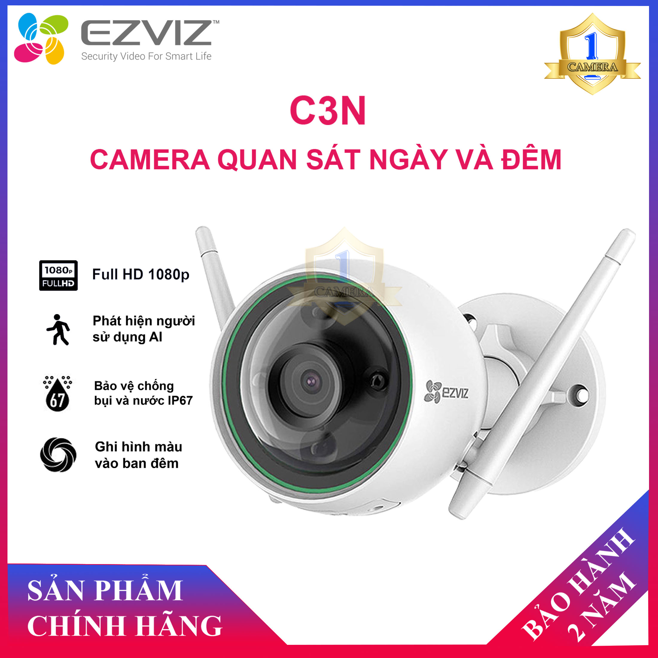 [CHÍNH HÃNG] Camera Wifi EZVIZ C3N Full HD 1080P Có Màu Ban Đêm Không Còi Có Đèn Báo Động Báo Động AI Nhận Dạng Người Và Xe - Camera Số 1