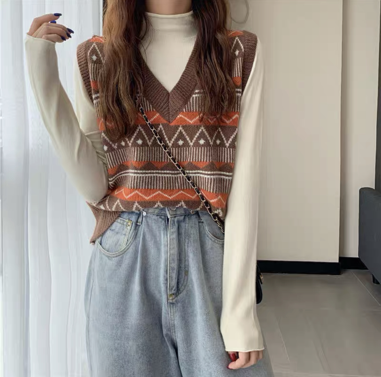 MS282 Áo gile len cổ tim hoạ tiết tam giác