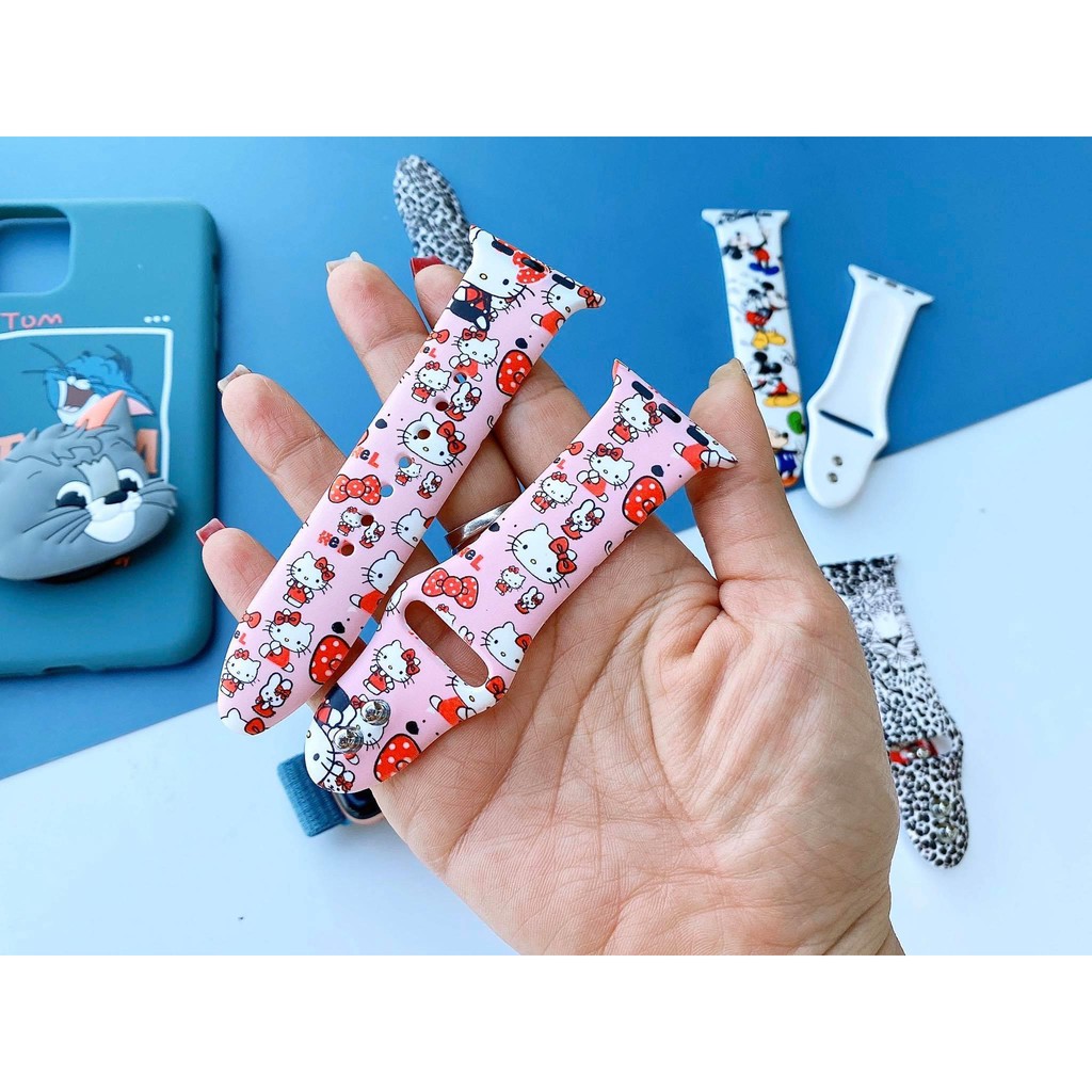 [HCM]Dây Apple Watch Mẫu Cao Su Họa Tiết Mickey Hello Kitty