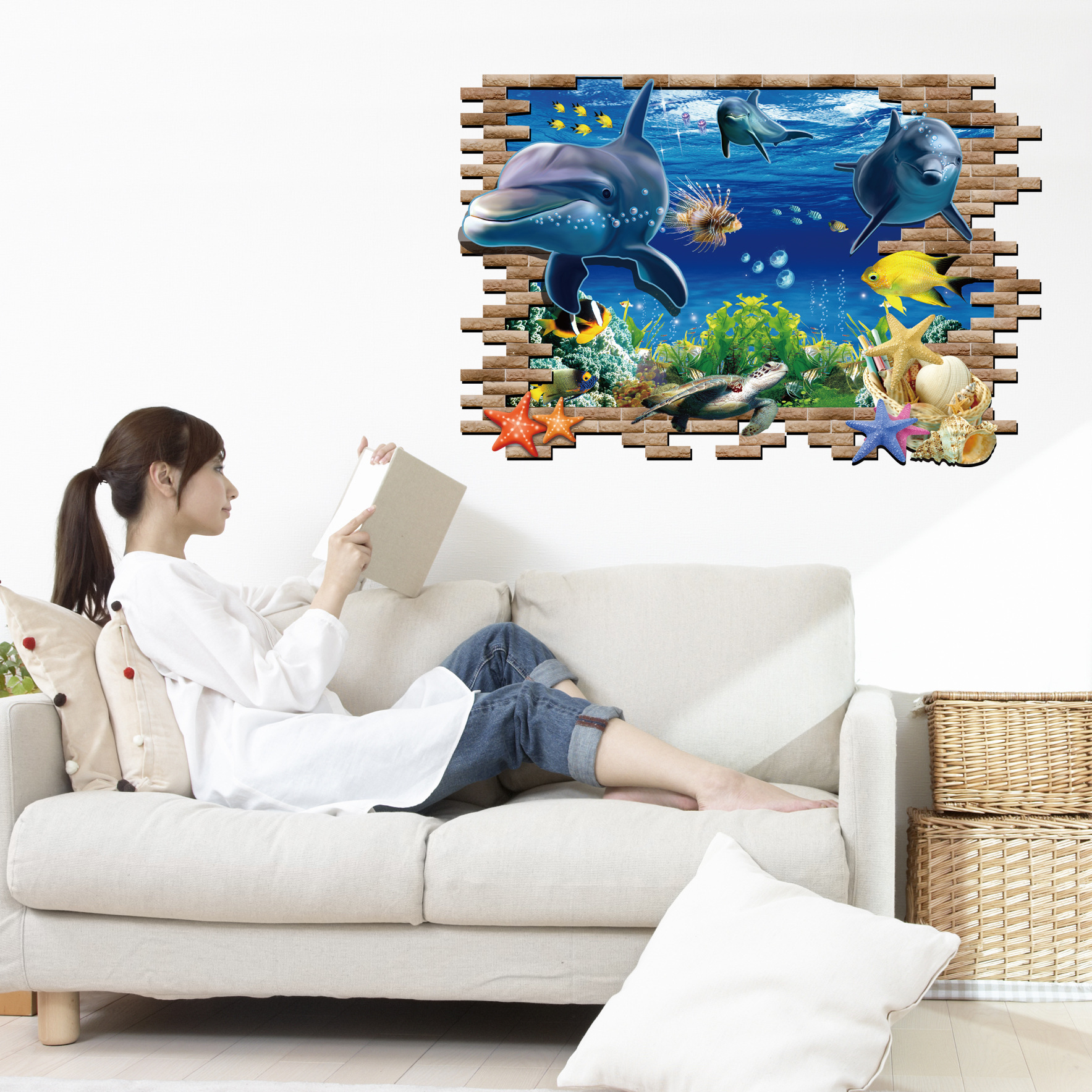Decal dán tường Cá Heo 3D Sticker Tranh Dán Tường - AY9706 ,Decal dán tường động vật