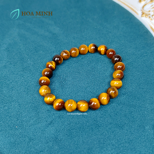 Vòng tay phong thủy đá Mắt Hổ vàng nâu 8 li 4A chất vip ánh lụa bóng | Hoa Minh Gem