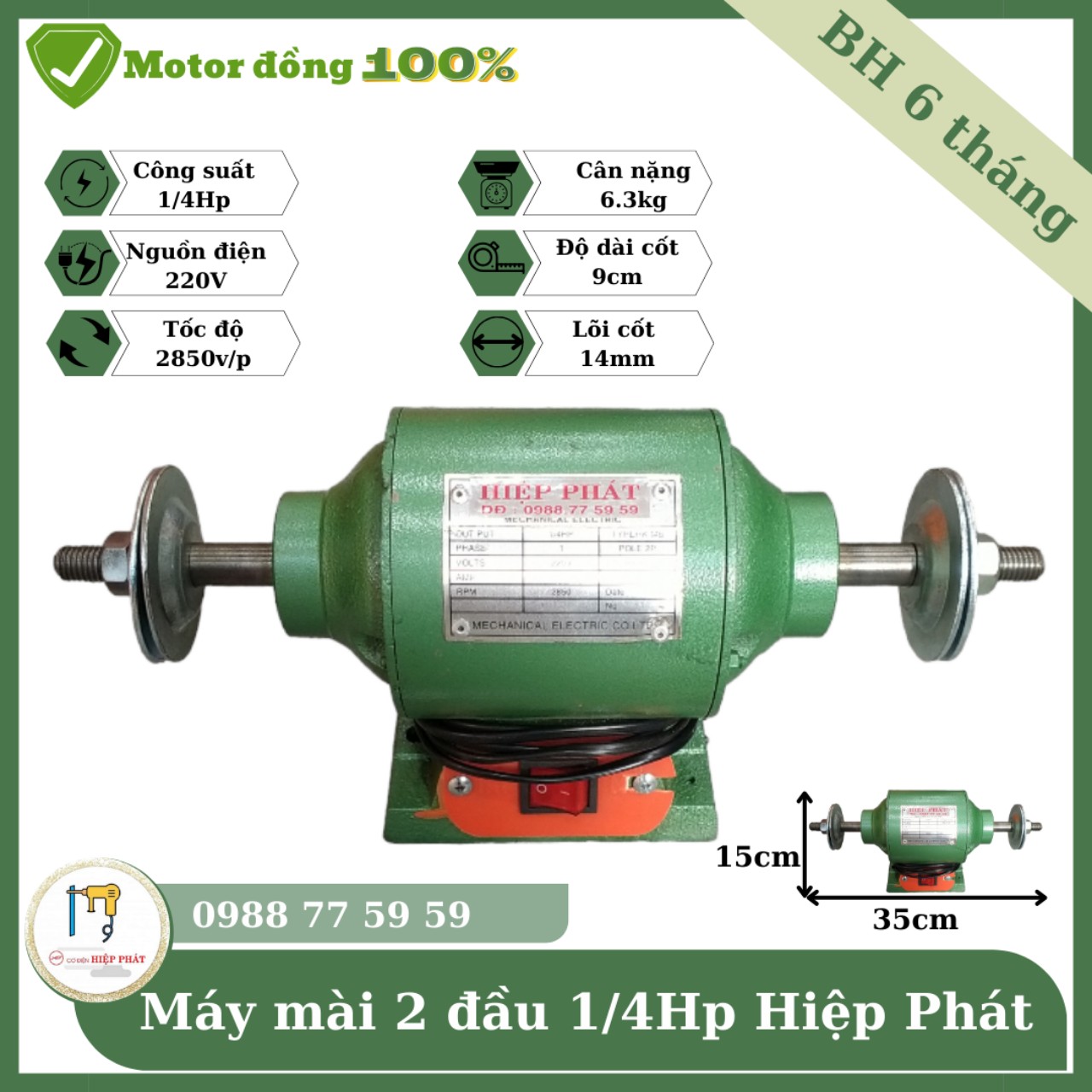 Máy mài 2 đầu 1/4hp Hiệp Phát motor dây đồng 100%