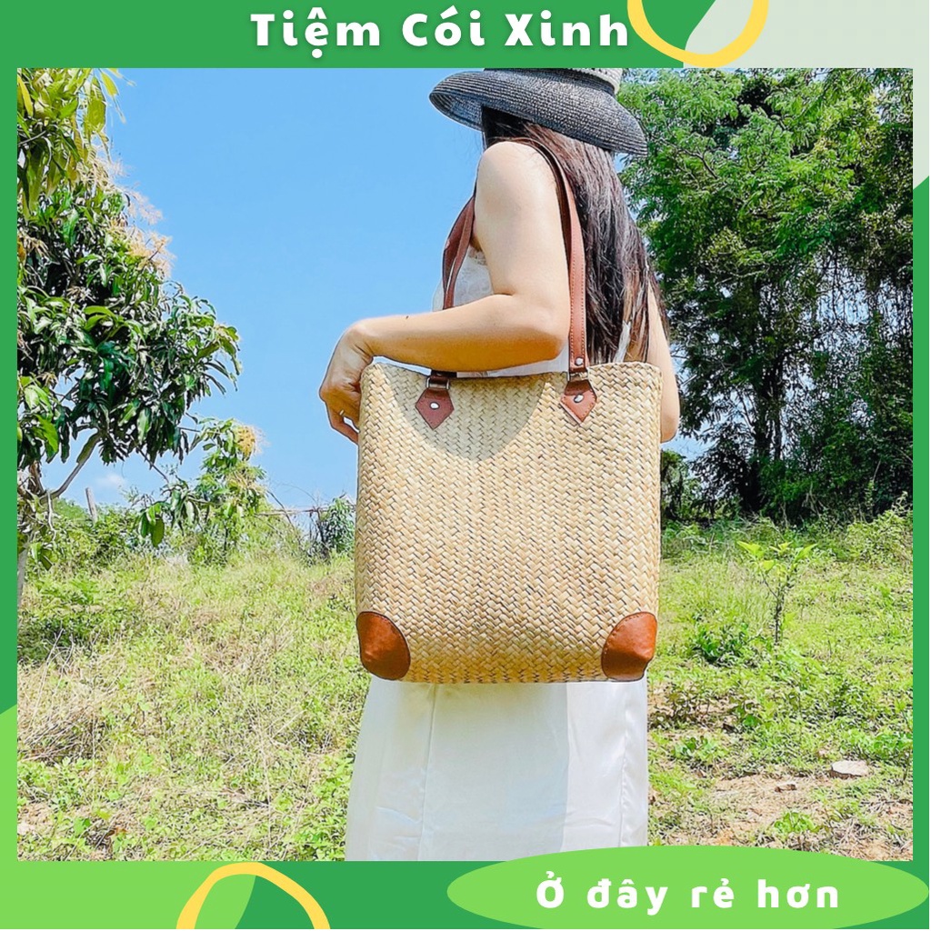 Túi cói to cỏ bàng đeo vai dây da đi biển, công sở phom vuông vắn siêu xinh