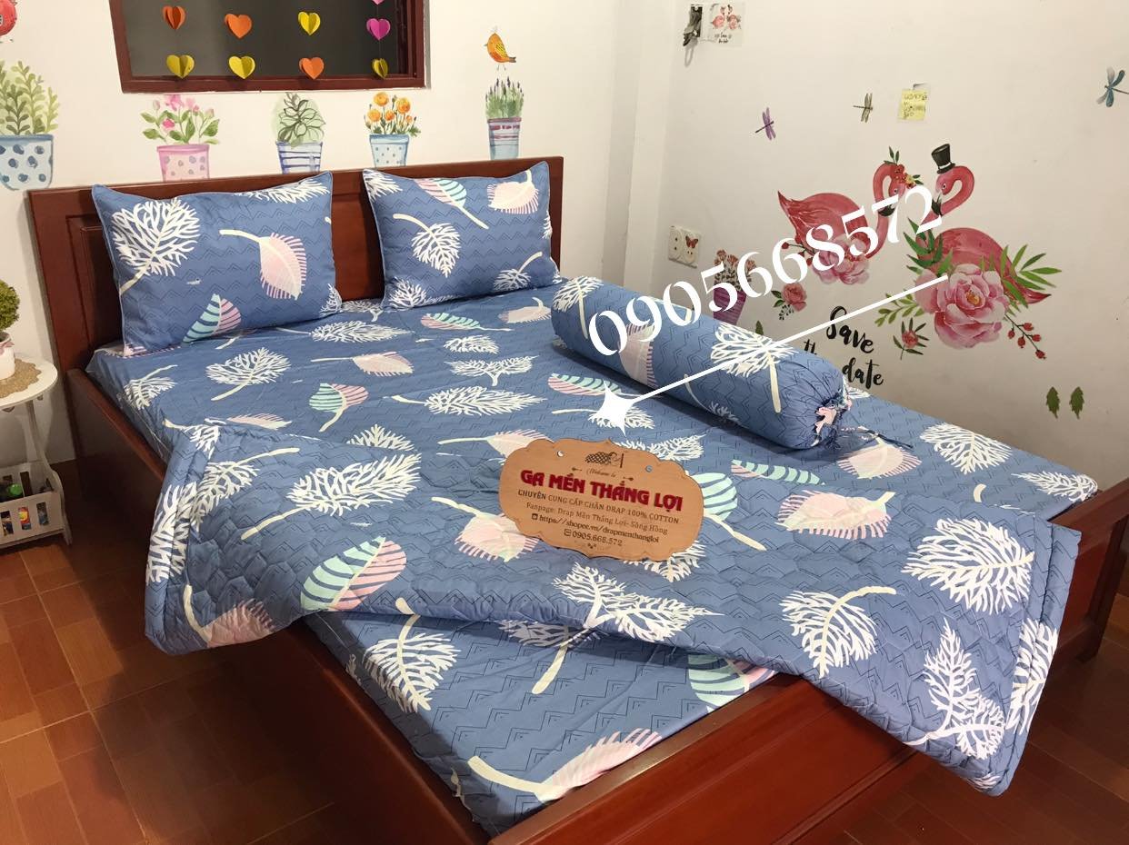 Bộ ga gối 4 món  coton  chuẩn logo in trên vải dày mềm mát sang trọng