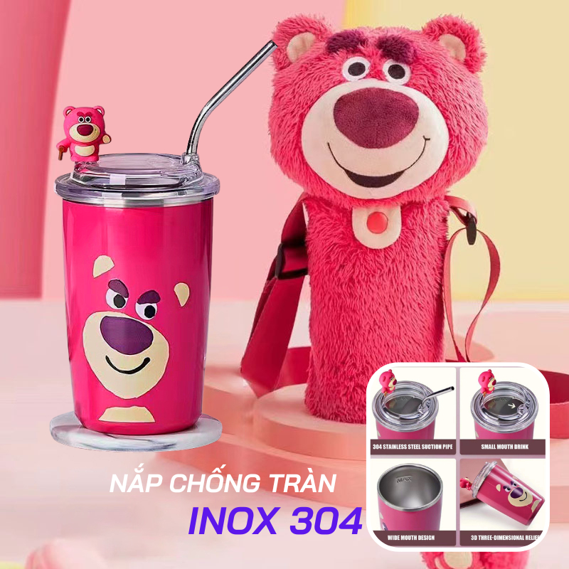 Cốc Giữ Nhiệt Gấu Dâu Lotso 750ml Chất liệu Inox 304 Giữ Nhiệt 8-10 Tiếng, Ly giữ Nhiệt Gấu Dâu Tặng Kèm Ống Hút