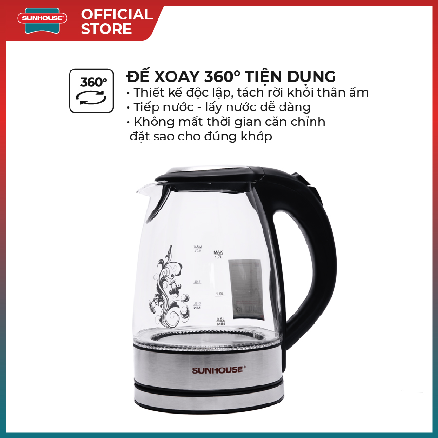 Ấm siêu tốc thủy tinh Sunhouse SHD1217 1.7L (Trong suốt)