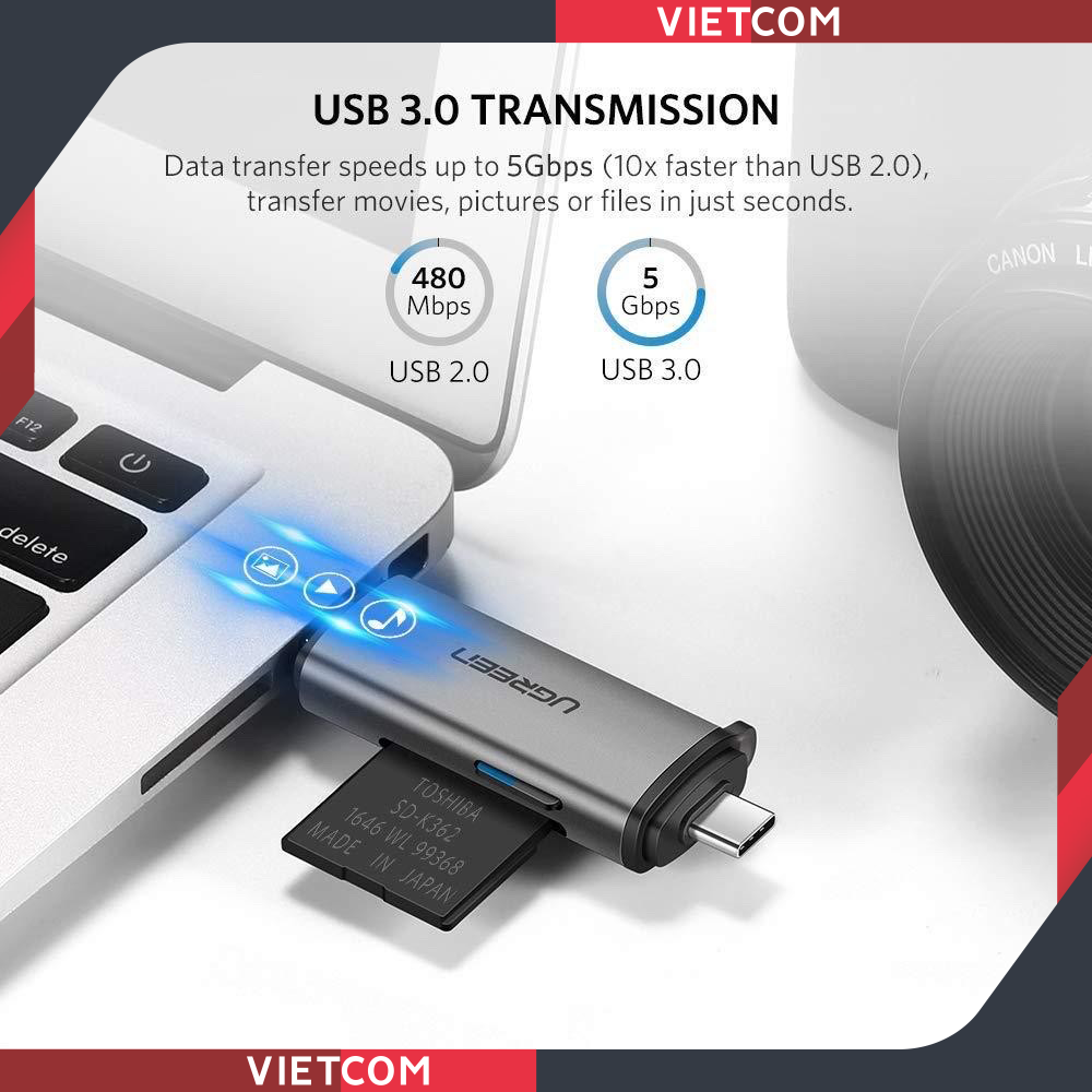 Đầu đọc thẻ nhớ SD/TF cổng USB Type C & USB 3.0 Ugreen 50706