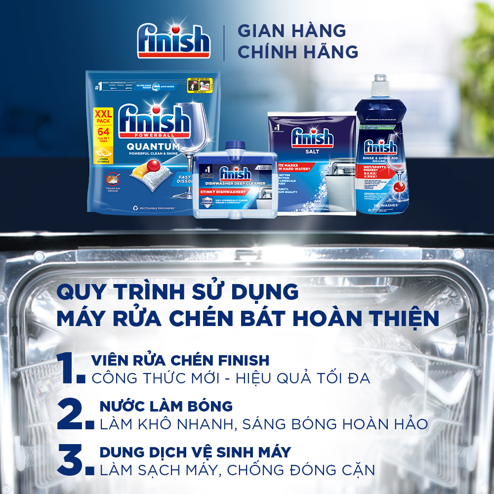 Combo 2 Viên Rửa Chén Bát Finish Powerball Quantum Powerful Clean & Shine 64 viên