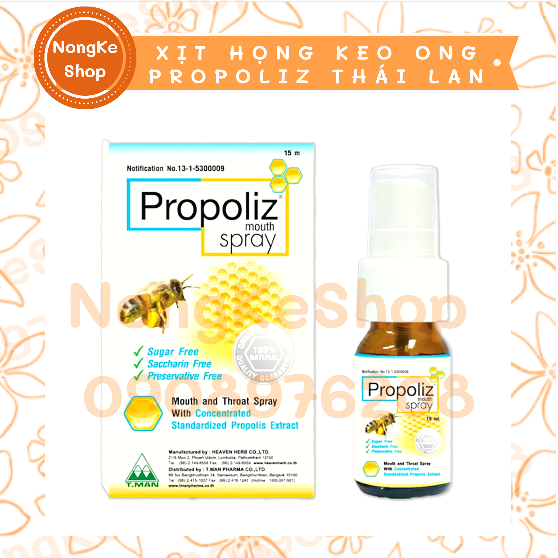 Xịt họng keo ong propoliz 15ml mouth spray thái lan