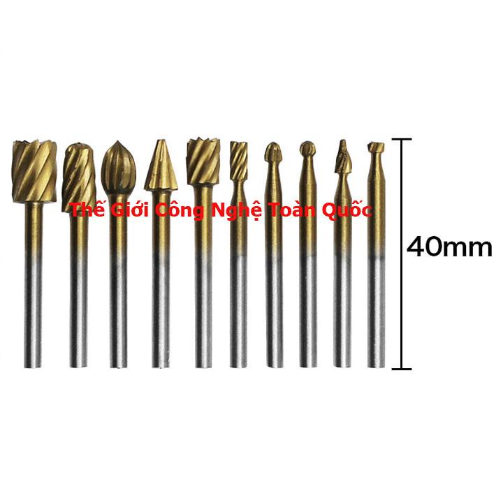 Bộ 10 mũi lũa gỗ điêu khắc, chạm trỗ mài khắc phủ titaniun mầu vàng chân 3mm dùng cho máy khoan mài mini -mũi mài khắc bosai gỗ nhưa sắt cao cấp - mũi phay