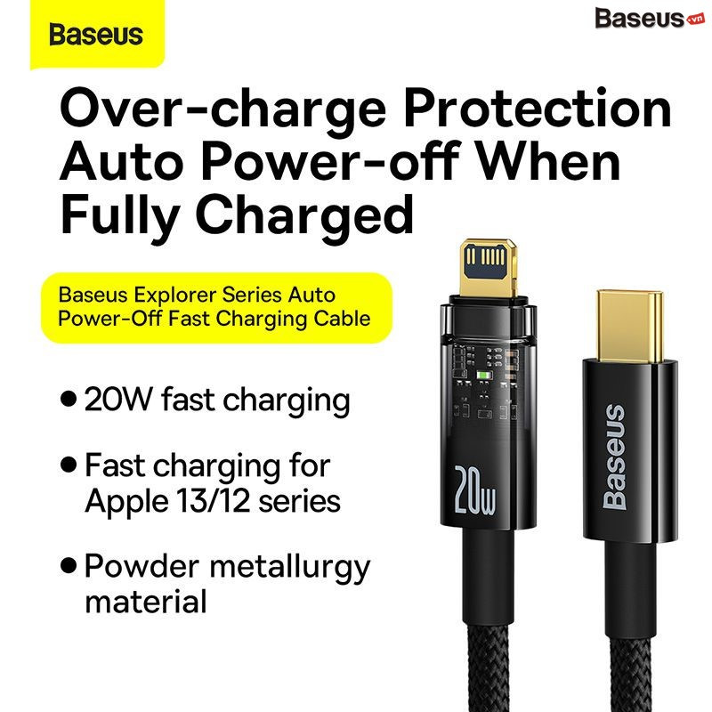 Cáp Sạc nhanh Tự Ngắt Gen2 Baseus Explorer Series cho iPhone/ iPad (Type C to Lightning Auto Power-Off, PD 20W Fast Charging Data Cable )