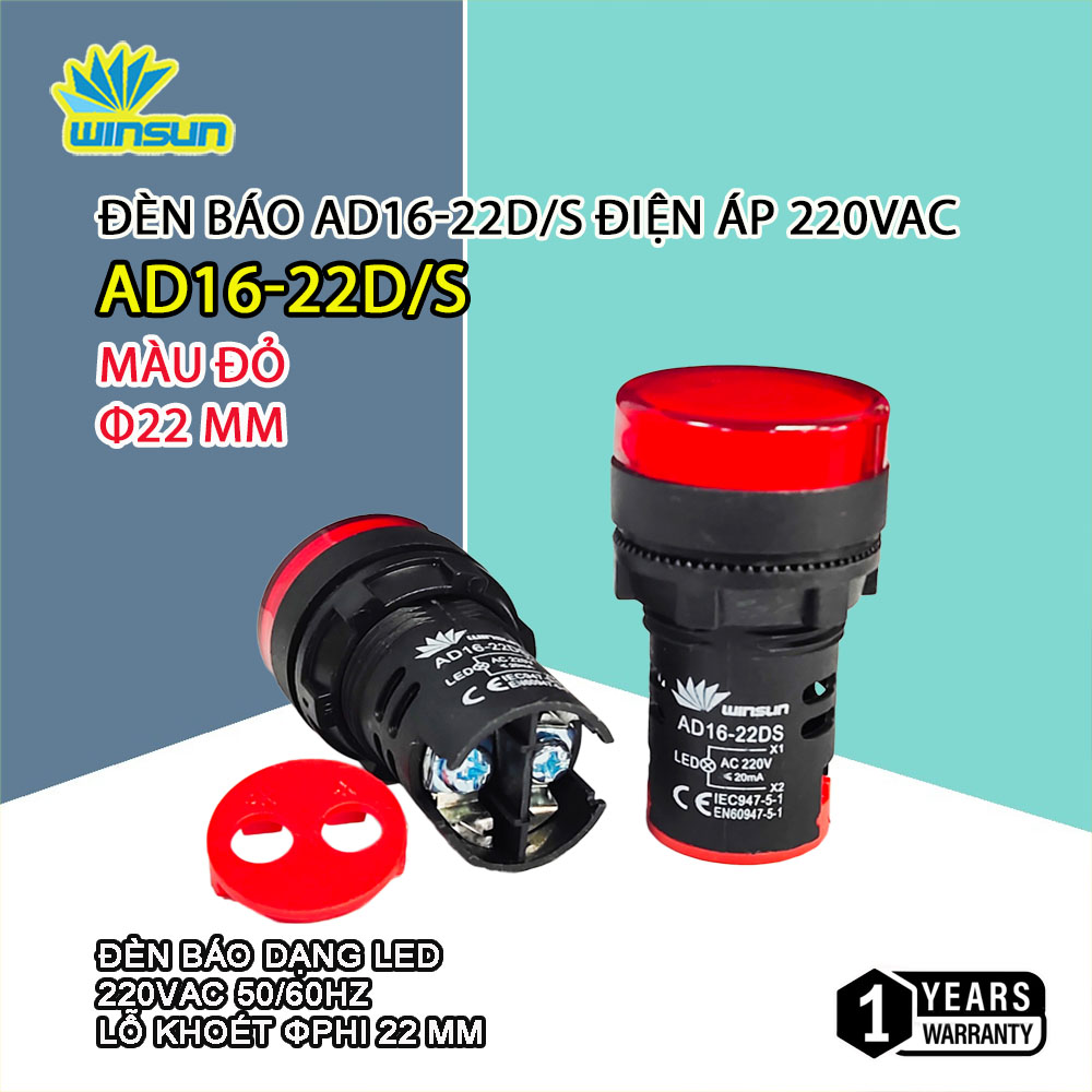 Đèn báo pha phi 22, báo nguồn phi 220V - AD16 5 Màu Winsun