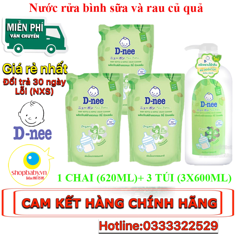 COMBO NƯỚC RỬA BÌNH SỮA VÀ RAU CỦ DNEE 1 CHAI 620ML VÀ 3 TÚI 600ML