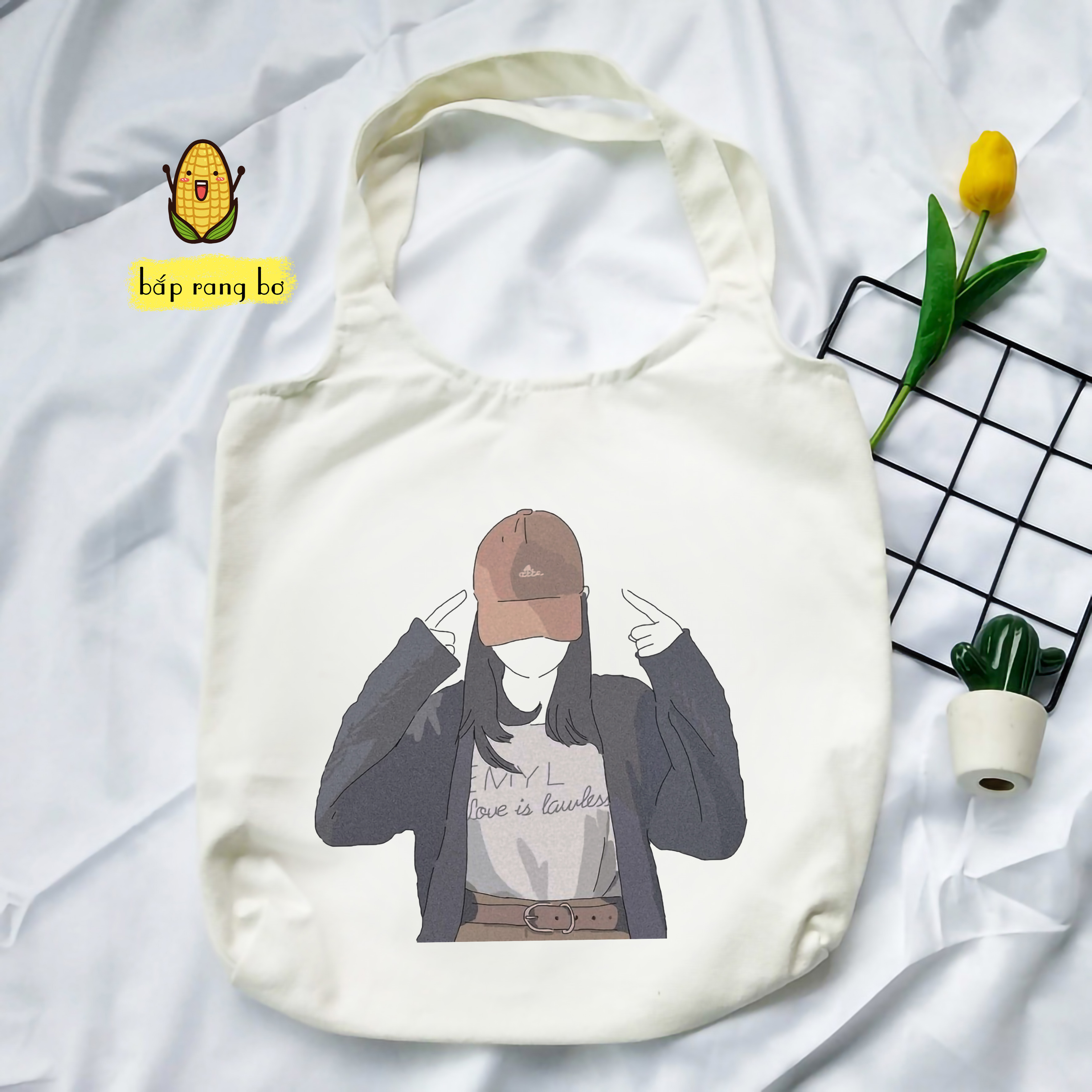 TÚI TOTE TRÒN HÌNH CÔ GÁI (CÓ TÚI CON) - VẢI CANVAS