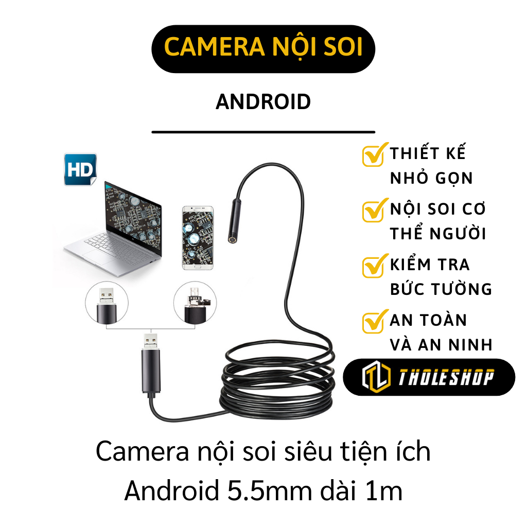Camera nội dôi - Kính nội soi Android 5.5mm dài 1m kiểm tra cơ thể người, bức tường ẩm mốc, bên trong ống dẫn, động cơ và máy nén
