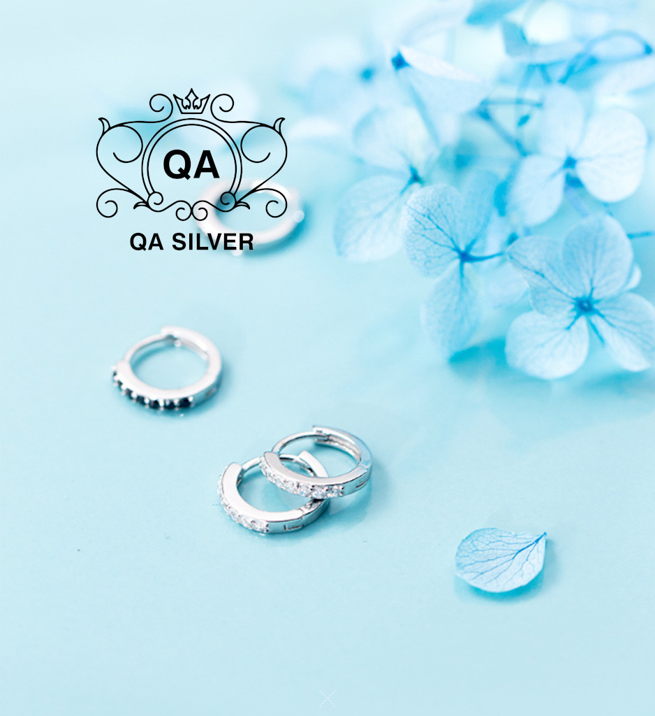 Khuyên tai bạc 925 tròn khảm đá bông tai hoop nam nữ đen trắng S925  HOOP QA Silver Earrings EA191001