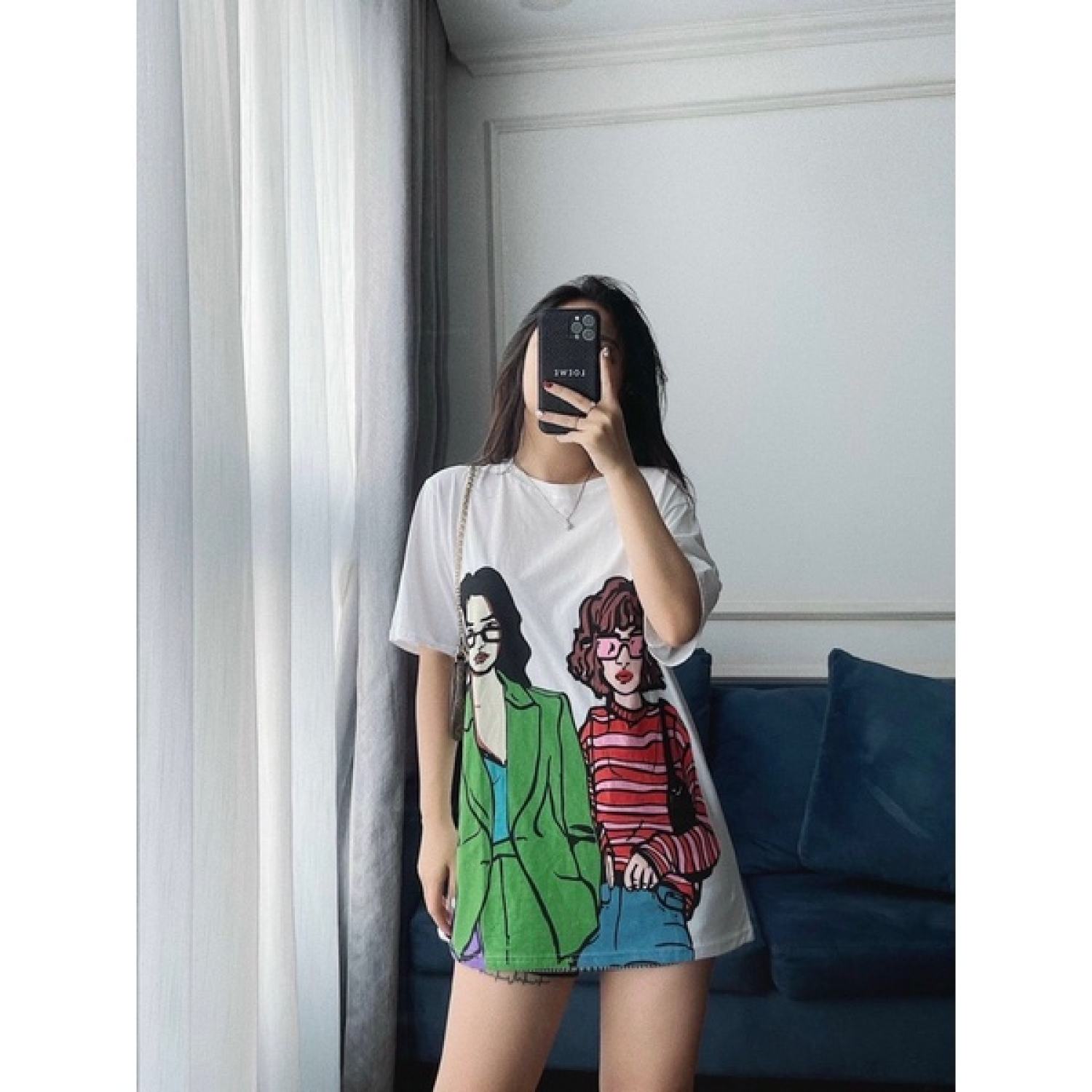 Áo phông Unisex nam nữ 2 cô gái ZA RA hót trend form rộng đẹp- Áo thun tay lỡ kiểu hàn quốc vải cotton