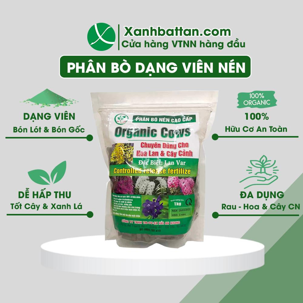 Phân bò viên nén bón lan - rau sạch - hoa kiểng organic cow túi 1 kg
