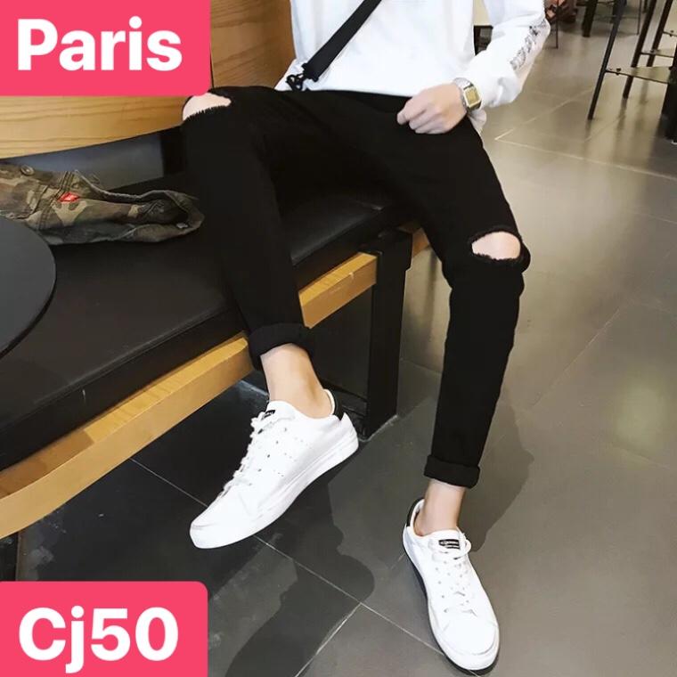 QUẦN JEAN NAM CHẤT BÒ ĐEN RÁCH GỐI PLAZA BITEXCO PR-50 CAO CẤP - PARIS FASHION