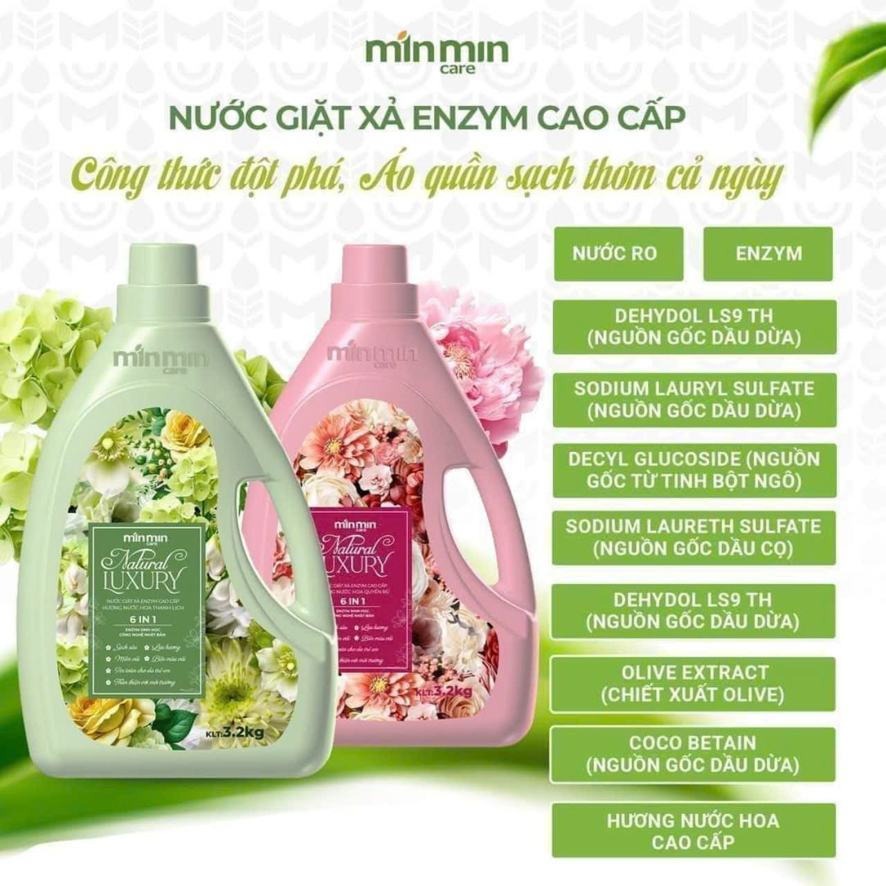 nước giặt minmin care thùng 2 can 6,4 lít giặt-xả enzym sinh học sạch sâu,lưu hương,an toán TẶNG nước lau sàn 1000ml