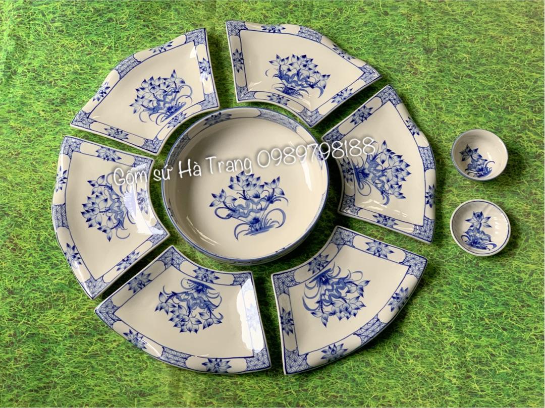 Set bộ đồ ăn hoa mặt trời vẽ sen gốm sứ Bát Tràng cao cấp kèm đĩa muối và bát mắm