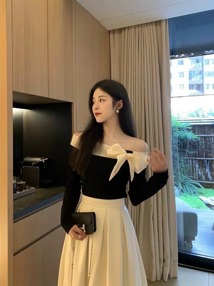 Sét Chân Váy Dài Xếp Ly + Áo Đính Nơ