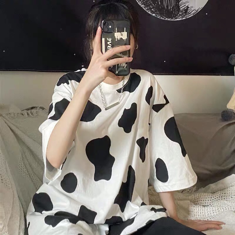 ÁO THUN NỮ FROM RỘNG LỠ TAY IN 3D BÒ SỮA HOT TREND 2021