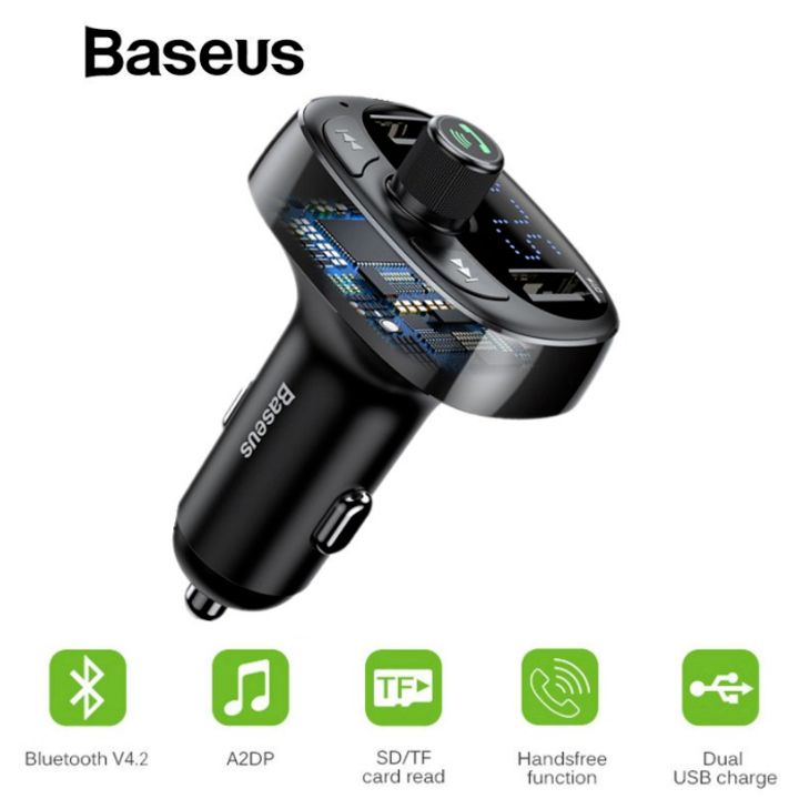 Tẩu nghe nhạc và đàm thoại rảnh tay trên ô tô, xe hơi nhãn hiệu Baseus CCALL-TM01 hợp 2 cổng sạc điện thoại, USB Bluetooth 4.2 (Màu đen)