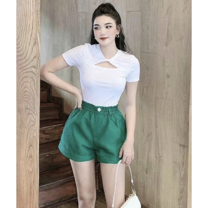 Áo xoắn ngực thun gân tay ngắn
