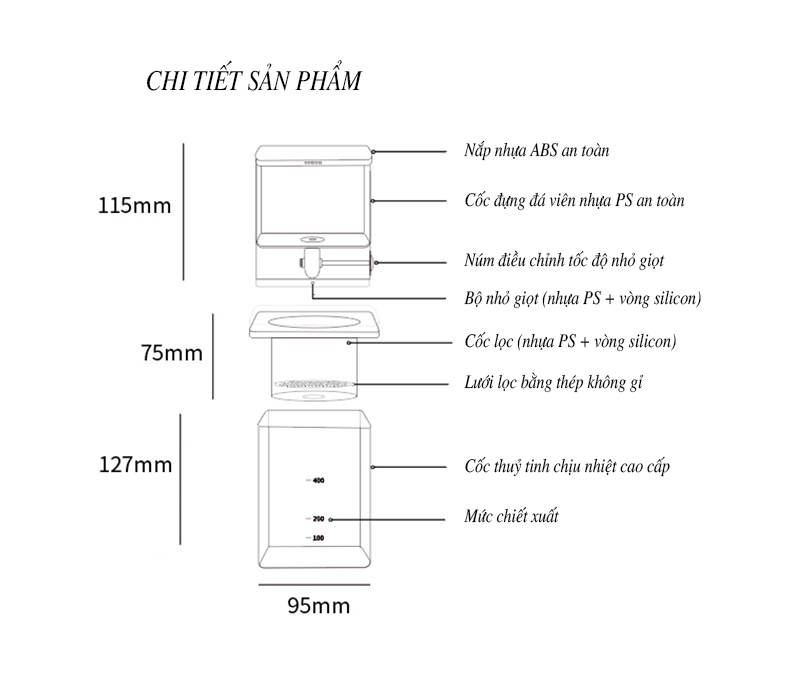 Bình thuỷ tinh pha cafe đá lạnh nhỏ giọt 500ml - Cold brew coffee maker - bộ pha cà phê đá viên
