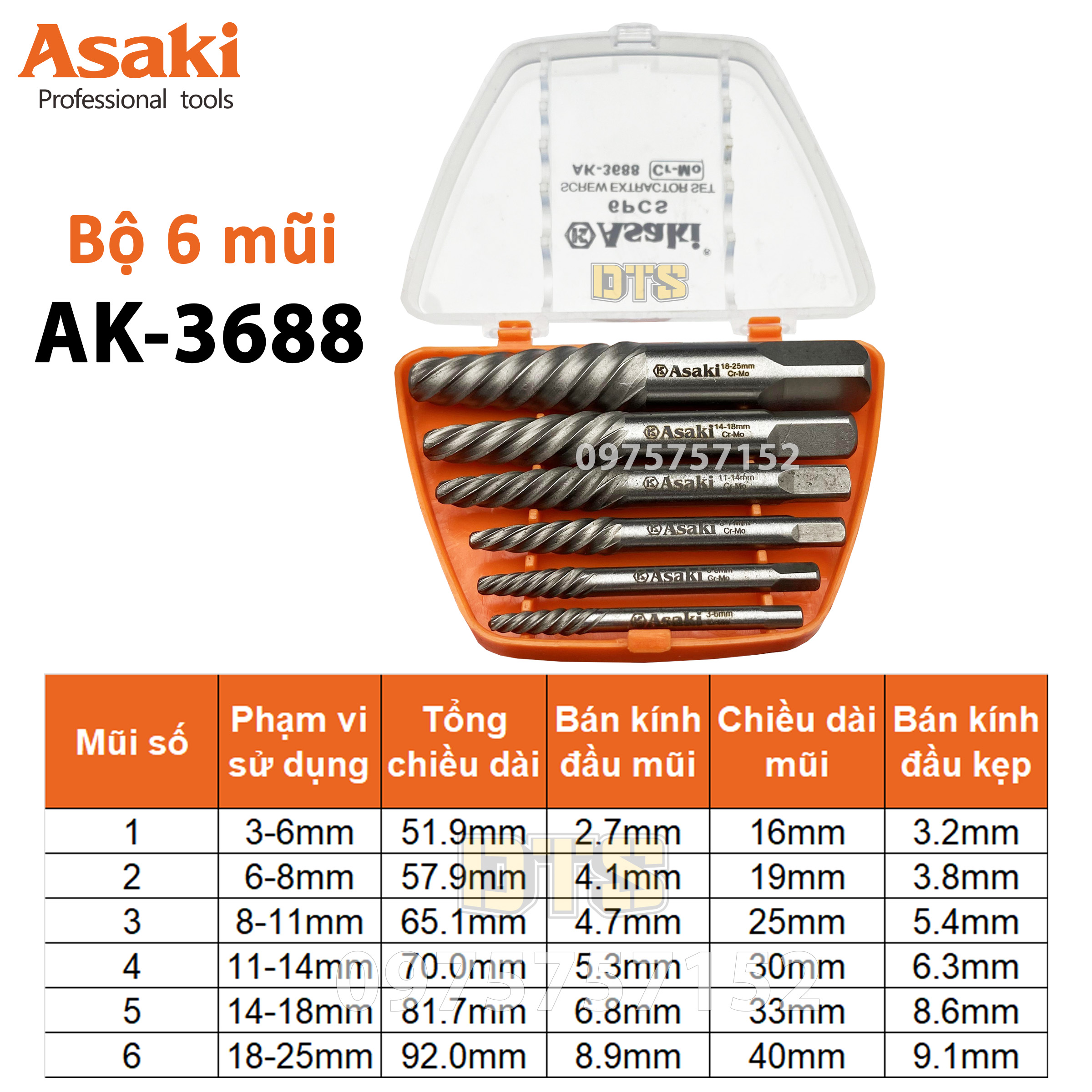 Bộ mũi ren tháo bu lông, ốc vít gãy thép Nhật Bản chính hãng Asaki AK-3687 AK-3688, bộ mũi vít nhổ ốc gãy toét thép Cr-Mo cao cấp, siêu cứng siêu bền, bộ tháo lấy bu lông ốc vít trờn ren, bộ nhể ốc gãy