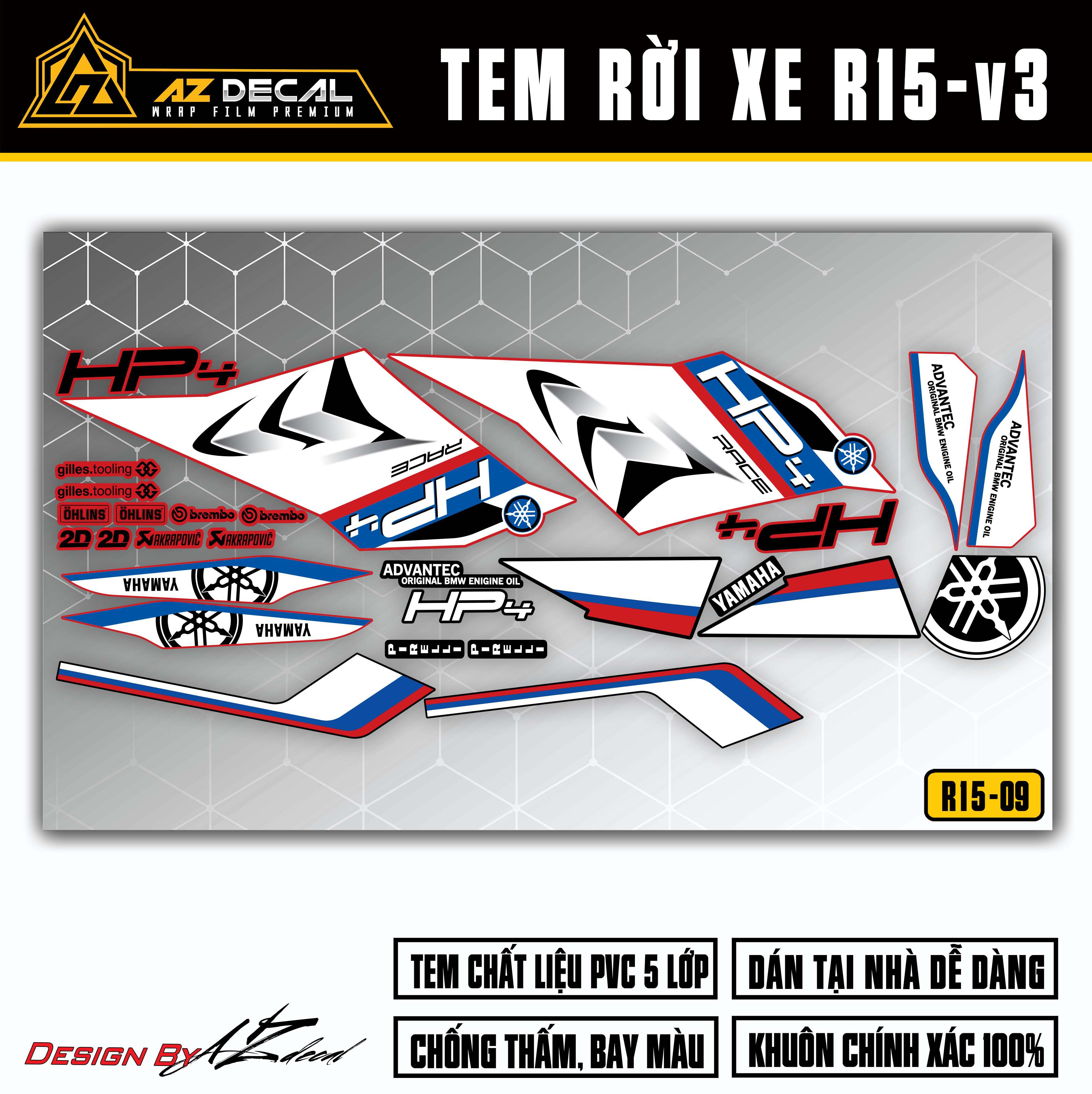 Tem dán xe r15v3 mẫu hp4 | r15v309 | decal rời xe r15 v3 màu đen, xanh, đỏ, vàng, xám - azdecal