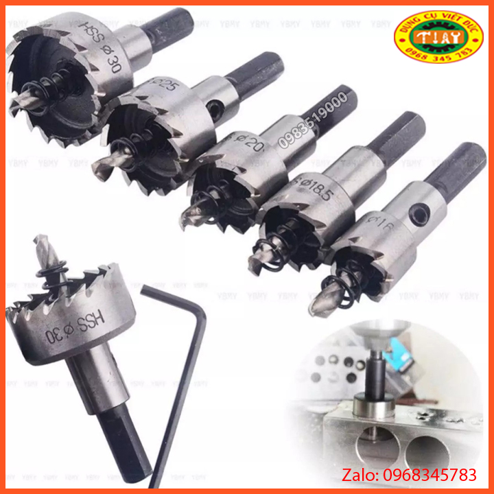 Bộ 5 Mũi Khoan, Mũi Khoét Kim Loại Thép HSS hiệu Kapusi, Có Mũi Định Tâm phi 16/18.5/20/25/30Mm