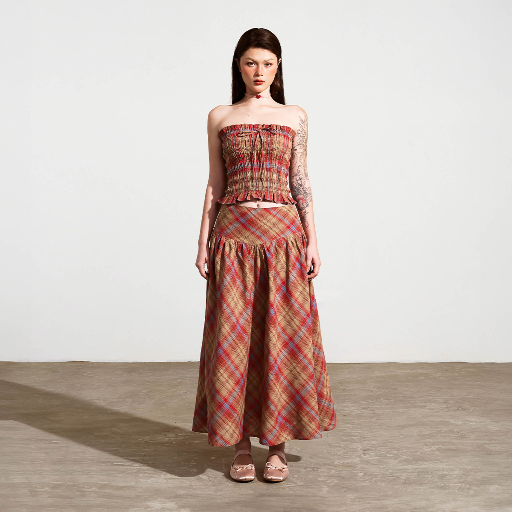 Dottie - chân váy midi kẻ ô - đỏ - s0195