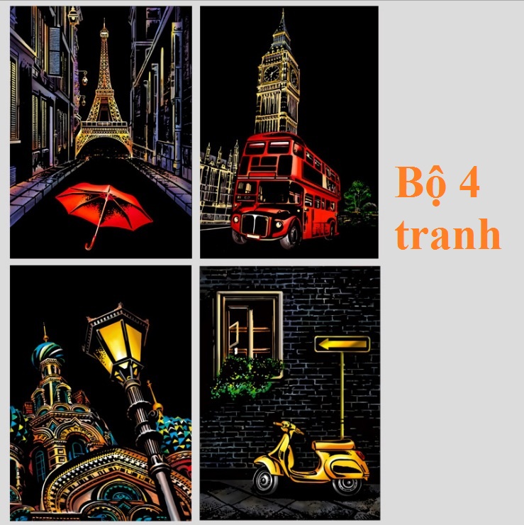 Tranh cạo ánh sáng khổ a4, 4 tranh