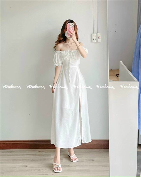 Set đầm nữ công chúa dự tiệc, váy thiết kế dáng dài xẻ tà, đầm trắng bèo ngực rớt vai cột dây yếm cổ tiểu thư sang chảnh