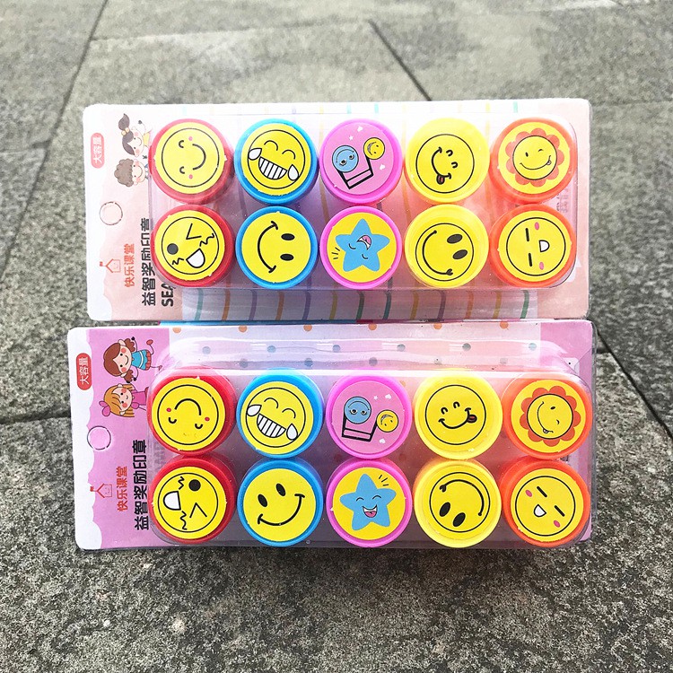 Bộ 10 con dấu lời khen thưởng hình mặt cười bằng nhựa mộc sáp đóng dấu stamp cho bé